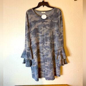 NWT ODDY CAMO PRINT RUFFLE LAYERED 1/4 SLE MIDI SOFT FLEECE DRESS, camo green